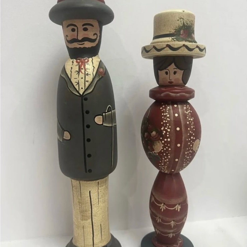 Folk Art Figurines Hand Painted Signed by Emily S. Country Plus 1983 Wooden Wood